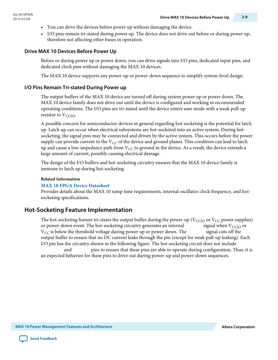 Drive max 10 devices before power up, I/o pins remain tri-stated during power up, Hot-socketing feature implementation | Hot-socketing feature implementation -9 | Altera MAX 10 Power User Manual | Page 12 / 21