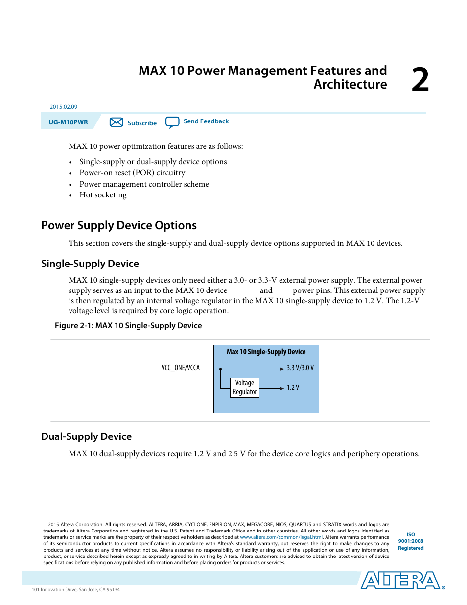 Max 10 power management features and architecture, Power supply device options, Single-supply device | Dual-supply device, Power supply device options -1, Single-supply device -1, Dual-supply device -1 | Altera MAX 10 Power User Manual | Page 4 / 21