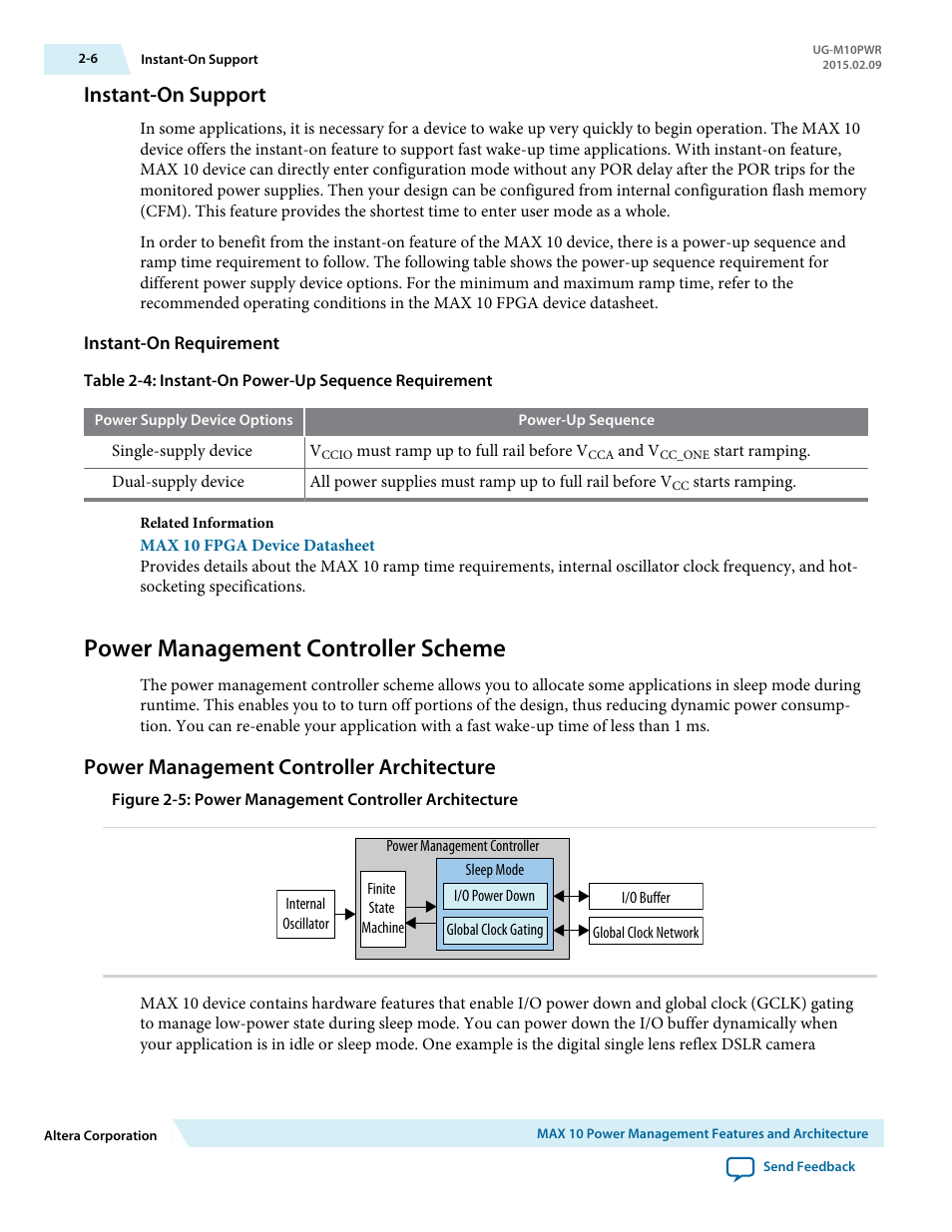Instant-on support, Instant-on requirement, Power management controller scheme | Power management controller architecture, Instant-on support -6, Power management controller scheme -6, Power management controller architecture -6 | Altera MAX 10 Power User Manual | Page 9 / 21