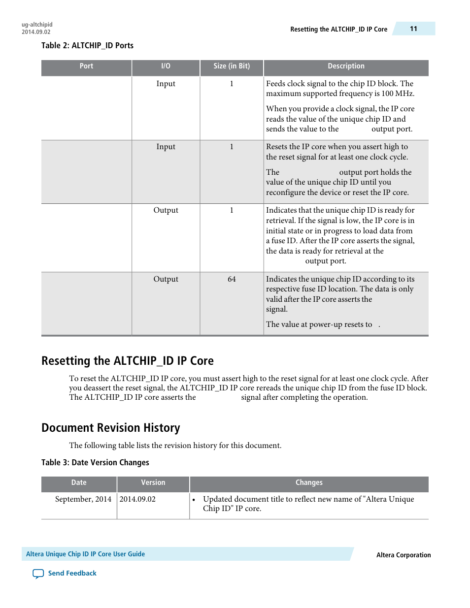 Resetting the altchip_id ip core, Document revision history | Altera Unique Chip ID User Manual | Page 11 / 12