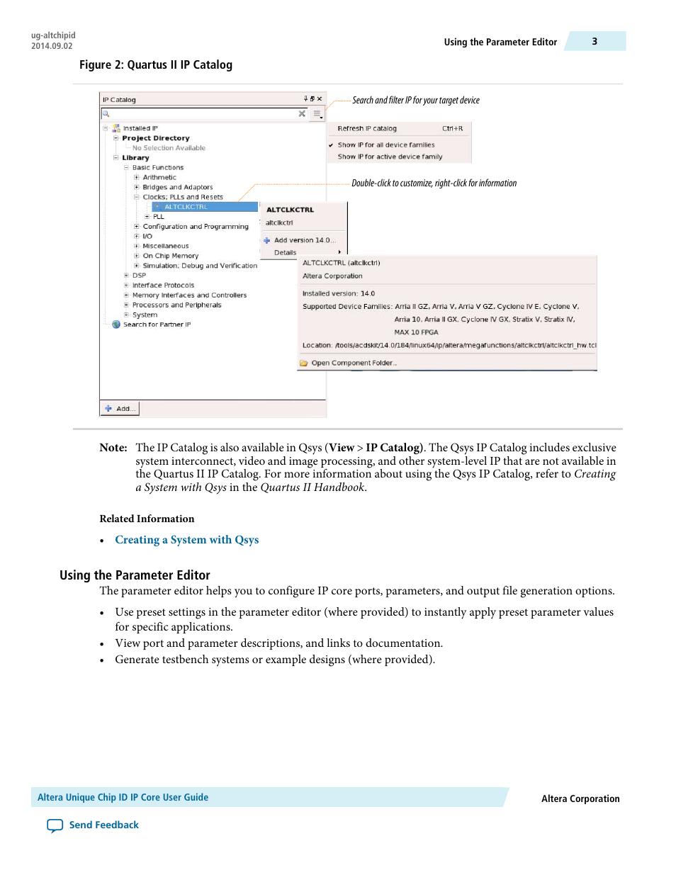 Using the parameter editor | Altera Unique Chip ID User Manual | Page 3 / 12