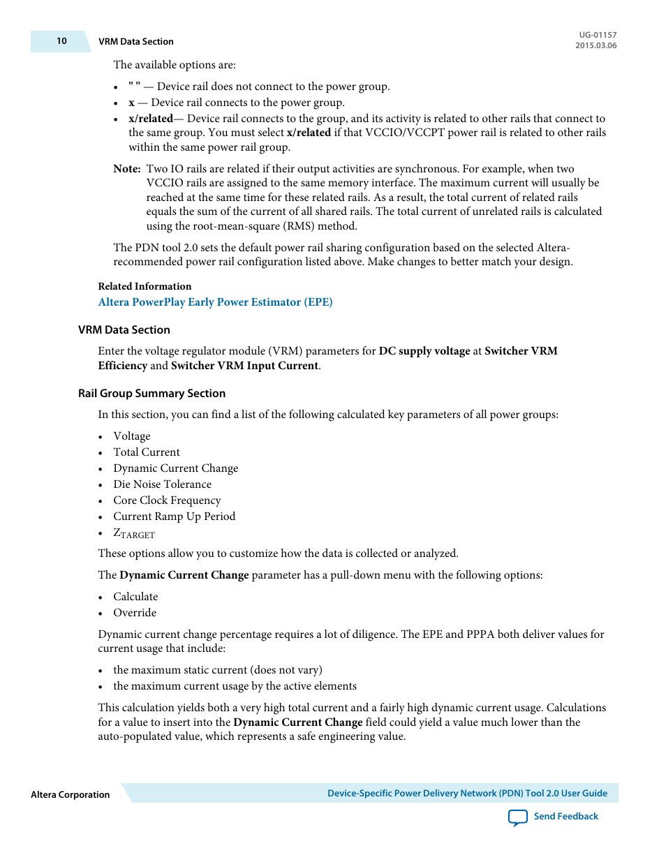 Vrm data section, Rail group summary section | Altera Device-Specific Power Delivery Network User Manual | Page 10 / 28