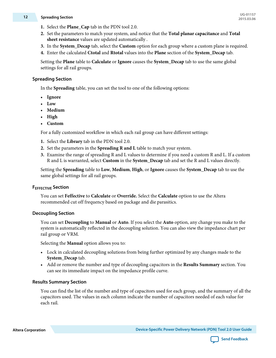 Spreading section, Feffective section, Decoupling section | Results summary section | Altera Device-Specific Power Delivery Network User Manual | Page 12 / 28