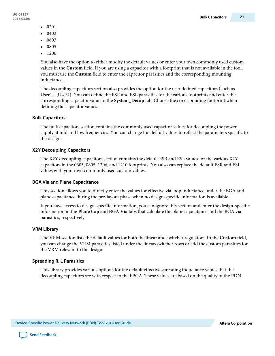 Bulk capacitors, X2y decoupling capacitors, Bga via and plane capacitance | Vrm library, Spreading r, l parasitics | Altera Device-Specific Power Delivery Network User Manual | Page 21 / 28
