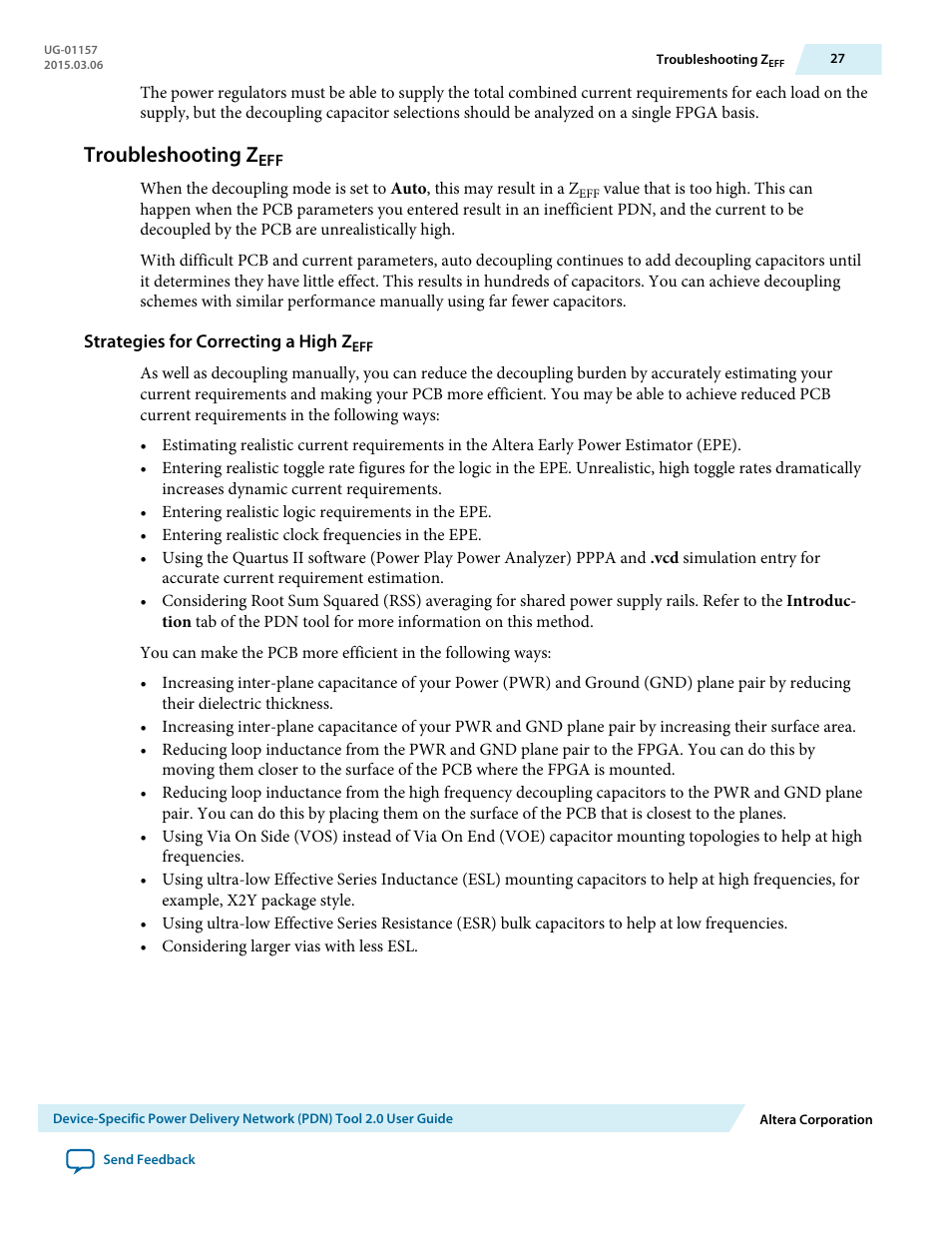 Troubleshooting zeff, Strategies for correcting a high zeff, Troubleshooting z | Altera Device-Specific Power Delivery Network User Manual | Page 27 / 28