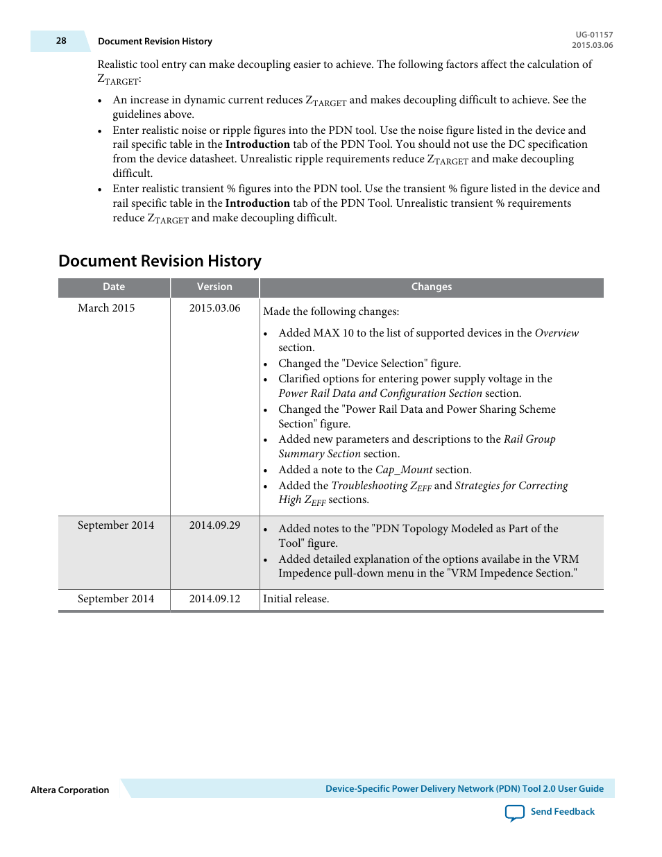 Document revision history | Altera Device-Specific Power Delivery Network User Manual | Page 28 / 28