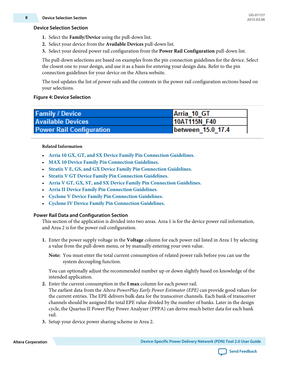 Device selection section, Power rail data and configuration section | Altera Device-Specific Power Delivery Network User Manual | Page 8 / 28