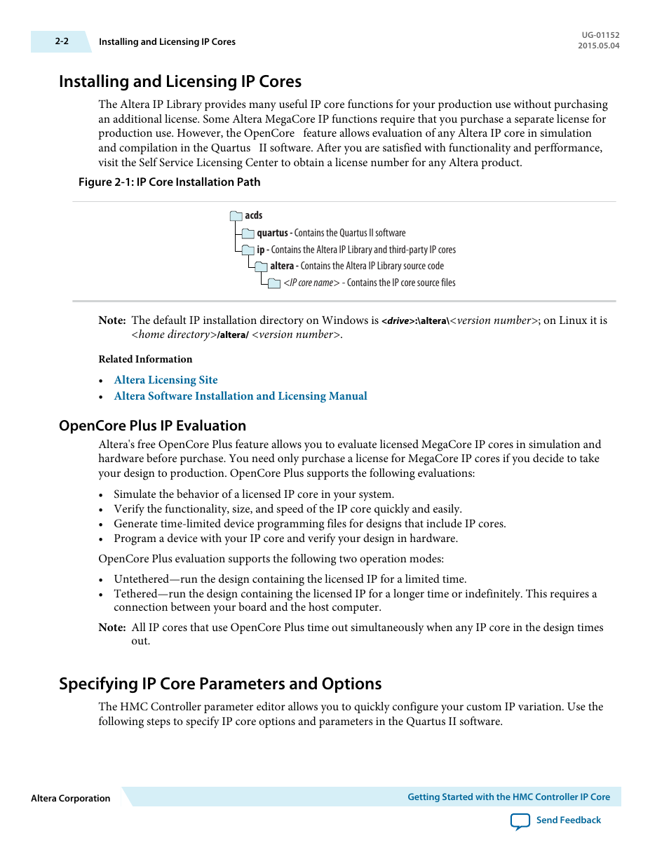 Installing and licensing ip cores, Opencore plus ip evaluation, Specifying ip core parameters and options | Installing and licensing ip cores -2, Opencore plus ip evaluation -2, Specifying ip core parameters and options -2 | Altera Hybrid Memory Cube Controller User Manual | Page 11 / 69