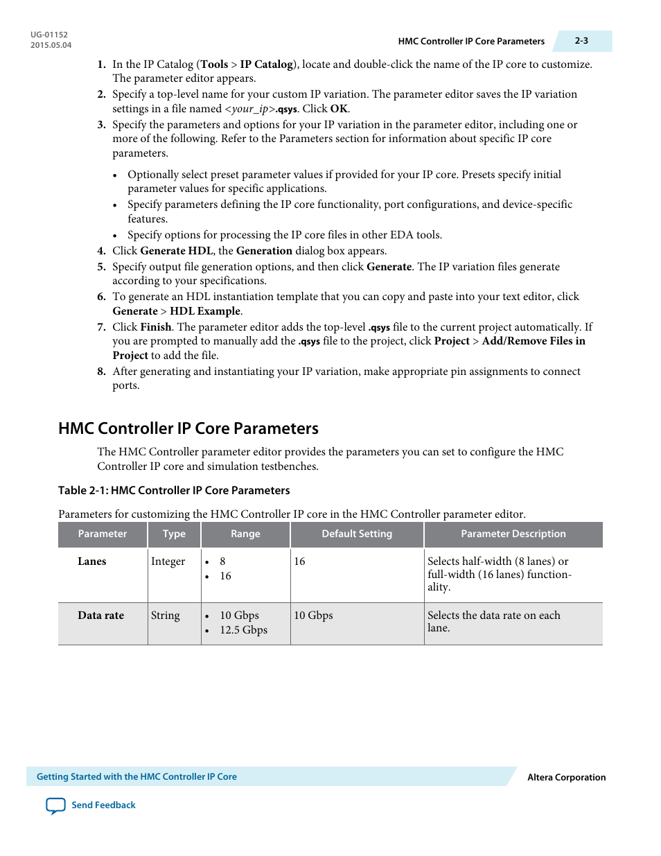 Hmc controller ip core parameters, Hmc controller ip core parameters -3 | Altera Hybrid Memory Cube Controller User Manual | Page 12 / 69