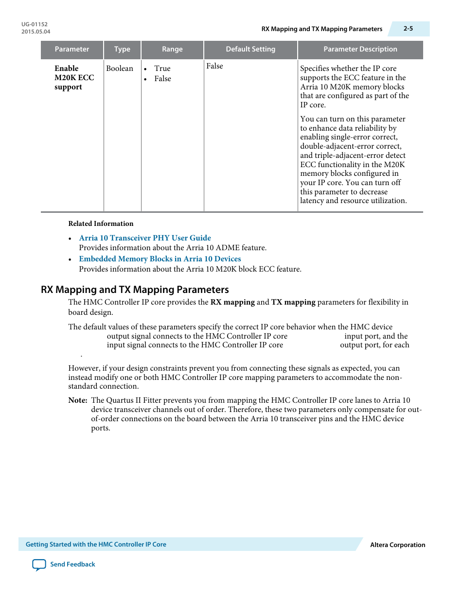 Rx mapping and tx mapping parameters, Rx mapping and tx mapping parameters -5 | Altera Hybrid Memory Cube Controller User Manual | Page 14 / 69