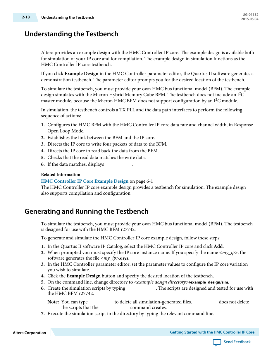 Understanding the testbench, Generating and running the testbench, Understanding the testbench -18 | Generating and running the testbench -18 | Altera Hybrid Memory Cube Controller User Manual | Page 27 / 69