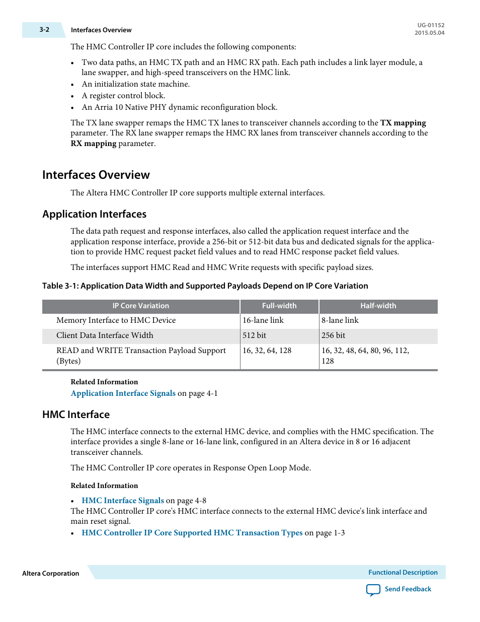 Interfaces overview, Application interfaces, Hmc interface | Interfaces overview -2, Application interfaces -2, Hmc interface -2 | Altera Hybrid Memory Cube Controller User Manual | Page 30 / 69