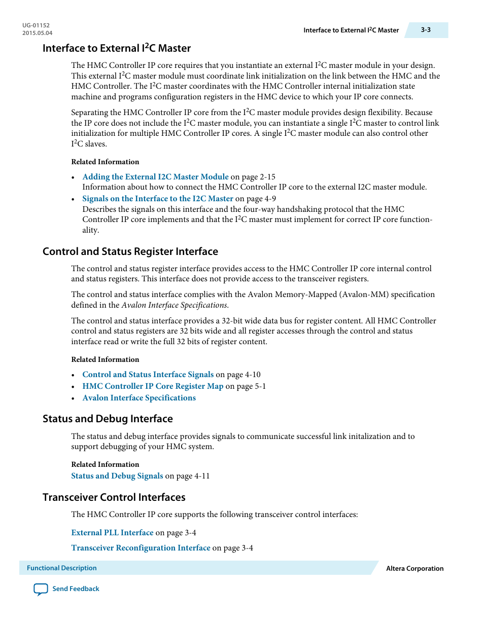 Interface to external i2c master, Control and status register interface, Status and debug interface | Transceiver control interfaces, Interface to external i, C master -3, Control and status register interface -3, Status and debug interface -3, Transceiver control interfaces -3, C master | Altera Hybrid Memory Cube Controller User Manual | Page 31 / 69