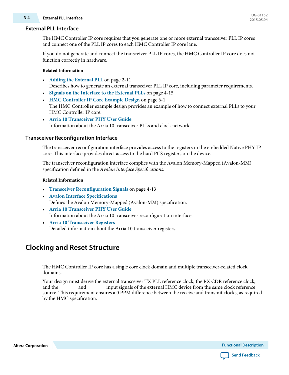External pll interface, Transceiver reconfiguration interface, Clocking and reset structure | Clocking and reset structure -4 | Altera Hybrid Memory Cube Controller User Manual | Page 32 / 69
