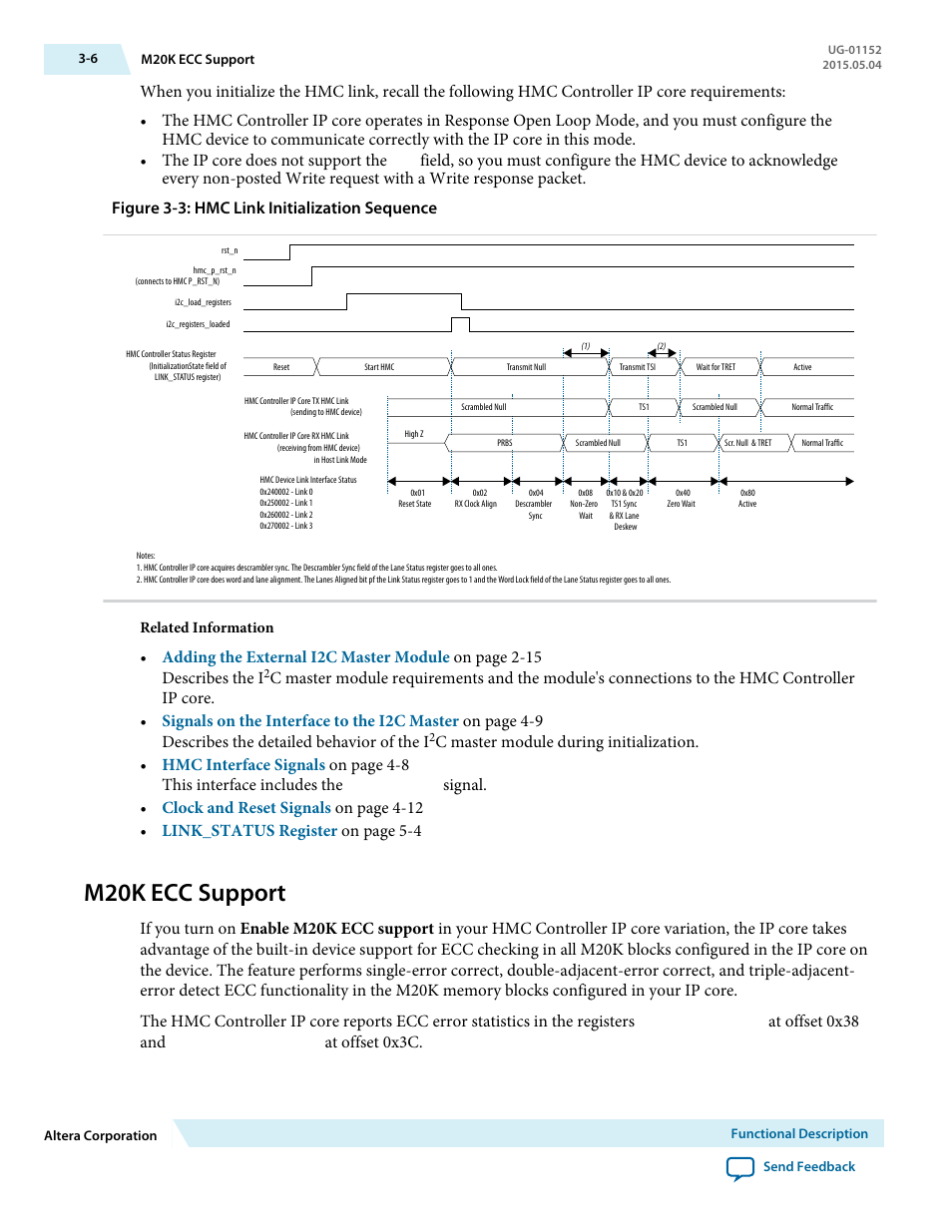 M20k ecc support, M20k ecc support -6, At offset 0x38 and | At offset 0x3c | Altera Hybrid Memory Cube Controller User Manual | Page 34 / 69