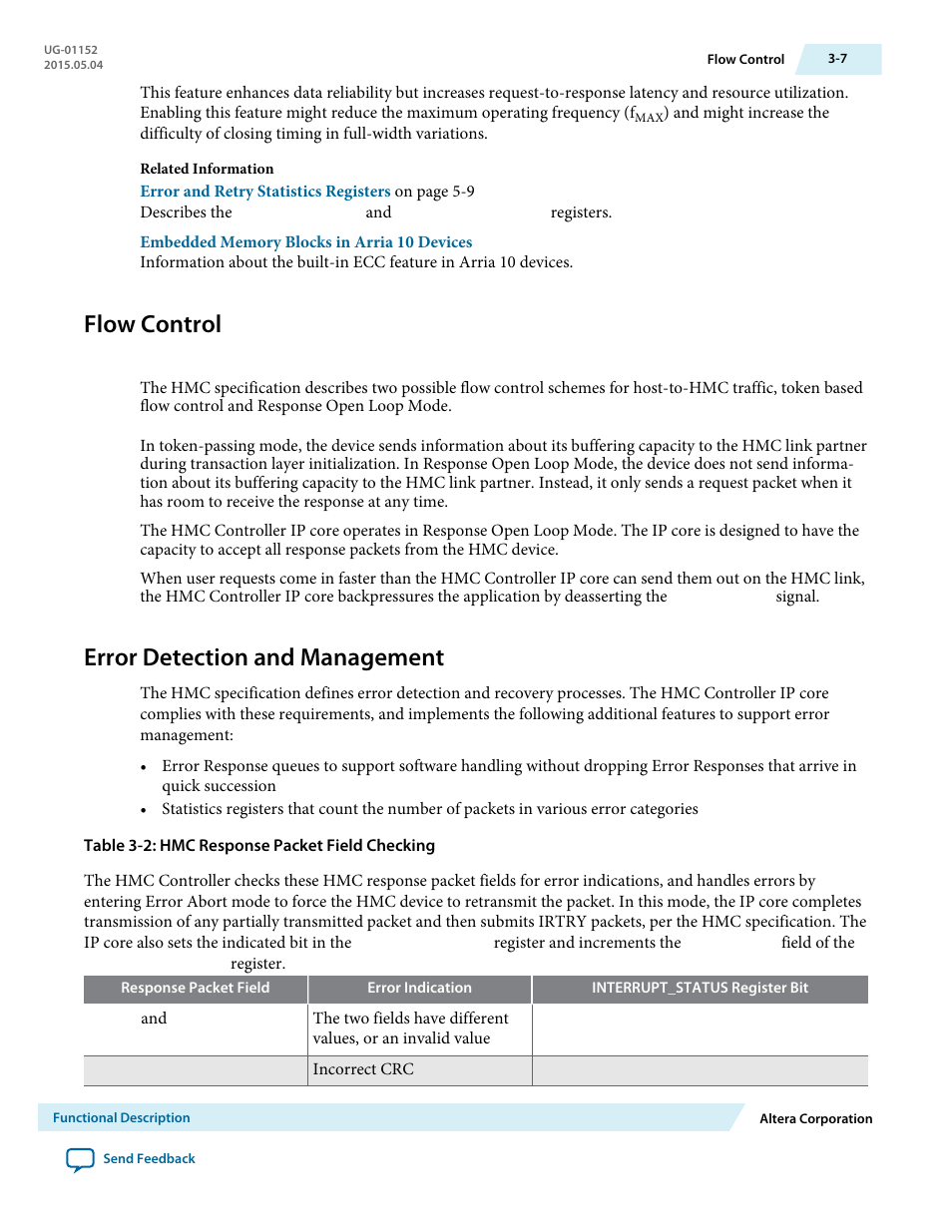 Flow control, Error detection and management, Flow control -7 | Error detection and management -7 | Altera Hybrid Memory Cube Controller User Manual | Page 35 / 69