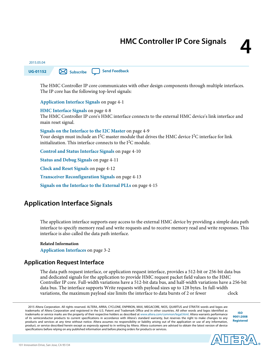 Hmc controller ip core signals, Application interface signals, Application request interface | Hmc controller ip core signals -1, Application interface signals -1, Application request interface -1 | Altera Hybrid Memory Cube Controller User Manual | Page 38 / 69