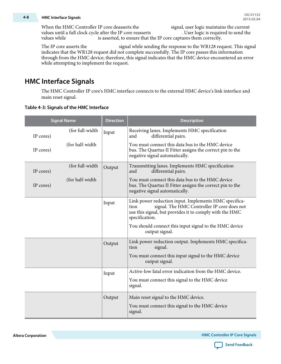 Hmc interface signals, Hmc interface signals -8 | Altera Hybrid Memory Cube Controller User Manual | Page 45 / 69