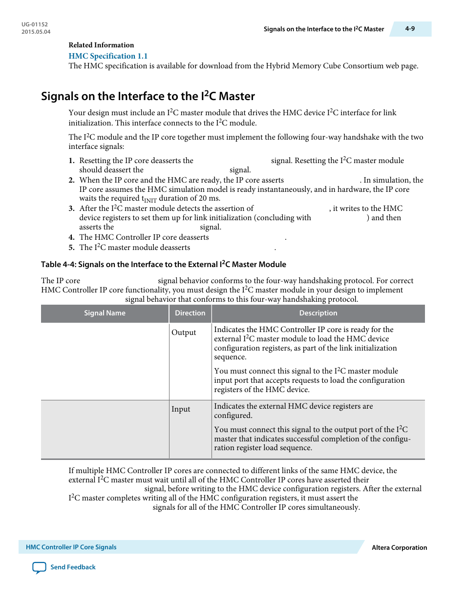 Signals on the interface to the i2c master, Signals on the interface to the i, C master -9 | C master | Altera Hybrid Memory Cube Controller User Manual | Page 46 / 69