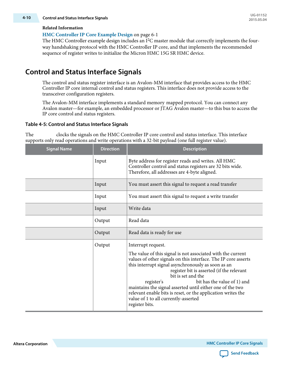 Control and status interface signals, Control and status interface signals -10 | Altera Hybrid Memory Cube Controller User Manual | Page 47 / 69