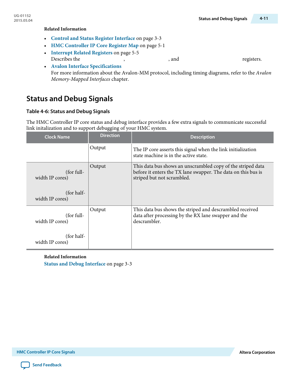 Status and debug signals, Status and debug signals -11 | Altera Hybrid Memory Cube Controller User Manual | Page 48 / 69