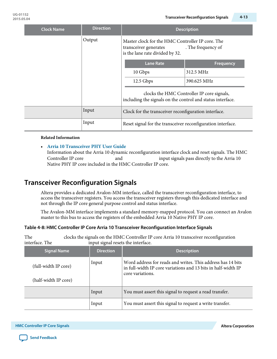 Transceiver reconfiguration signals, Transceiver reconfiguration signals -13 | Altera Hybrid Memory Cube Controller User Manual | Page 50 / 69