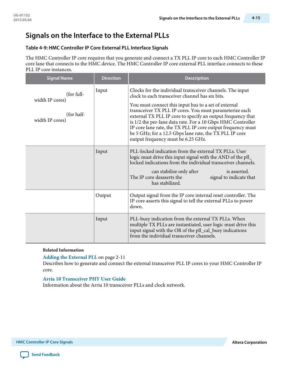 Signals on the interface to the external plls, Signals on the interface to the external plls -15 | Altera Hybrid Memory Cube Controller User Manual | Page 52 / 69