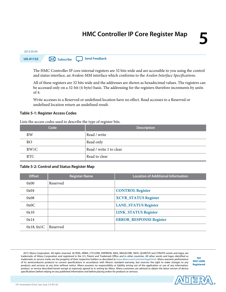 Hmc controller ip core register map, Hmc controller ip core register map -1 | Altera Hybrid Memory Cube Controller User Manual | Page 53 / 69