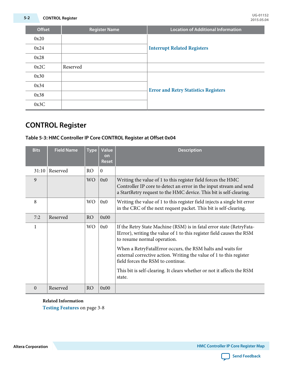 Control register, Control register -2 | Altera Hybrid Memory Cube Controller User Manual | Page 54 / 69