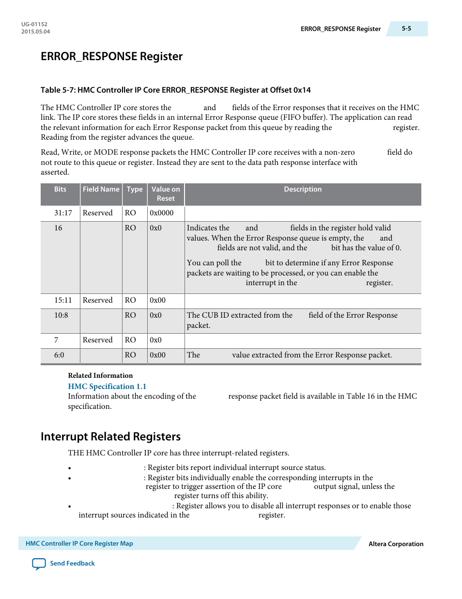 Error_response register, Interrupt related registers, Error_response register -5 | Interrupt related registers -5 | Altera Hybrid Memory Cube Controller User Manual | Page 57 / 69