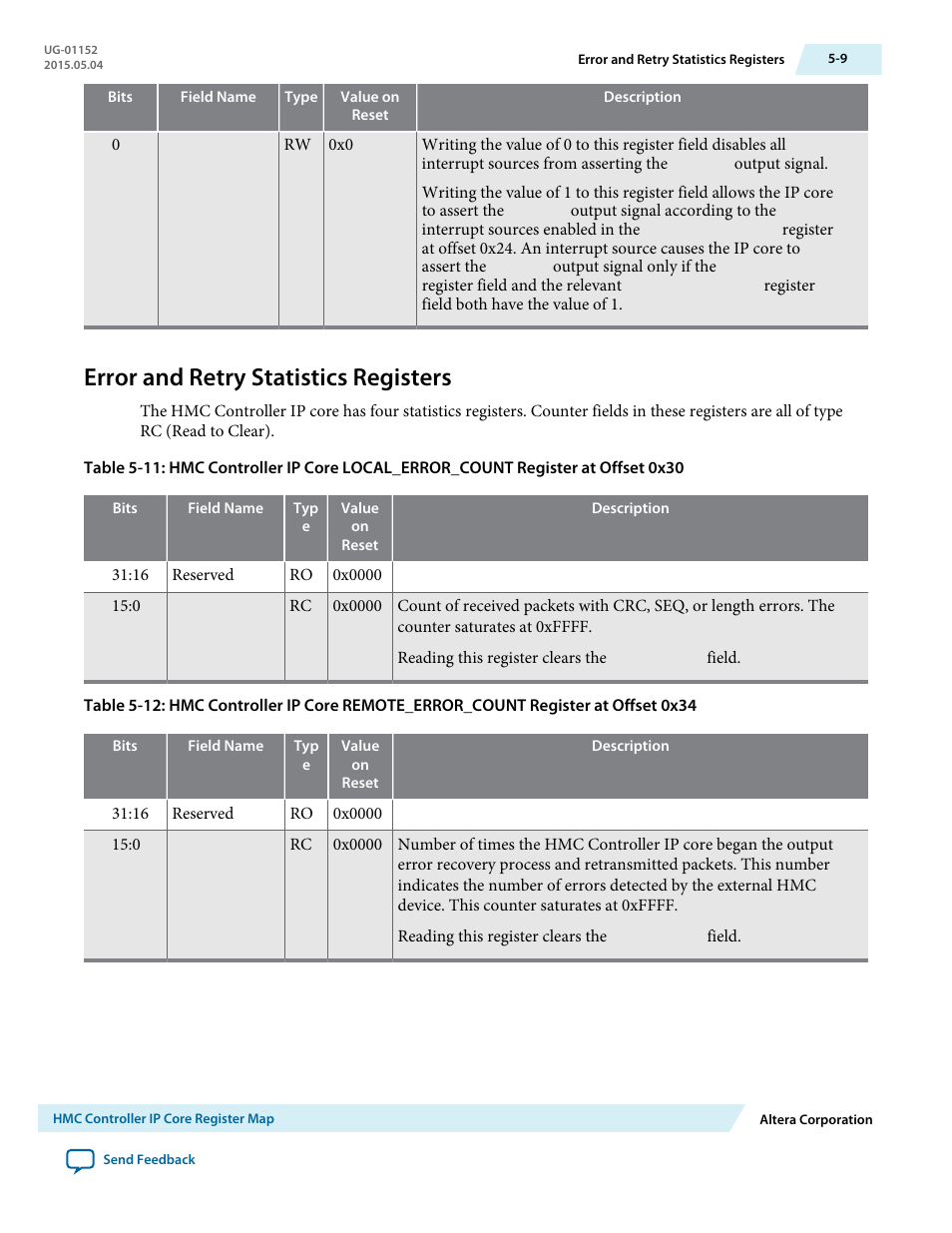 Error and retry statistics registers, Error and retry statistics registers -9 | Altera Hybrid Memory Cube Controller User Manual | Page 61 / 69