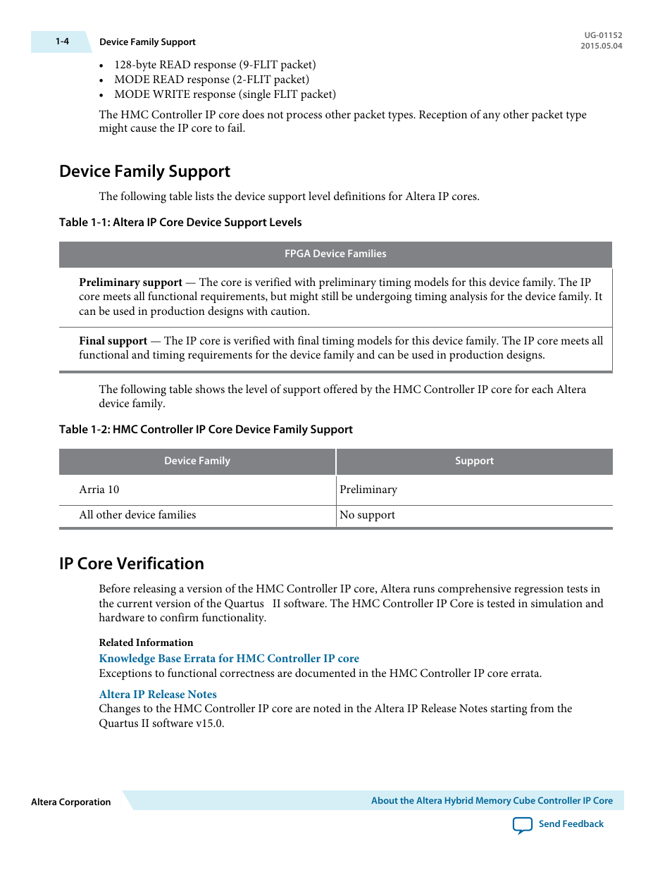 Device family support, Ip core verification, Device family support -4 | Ip core verification -4 | Altera Hybrid Memory Cube Controller User Manual | Page 7 / 69