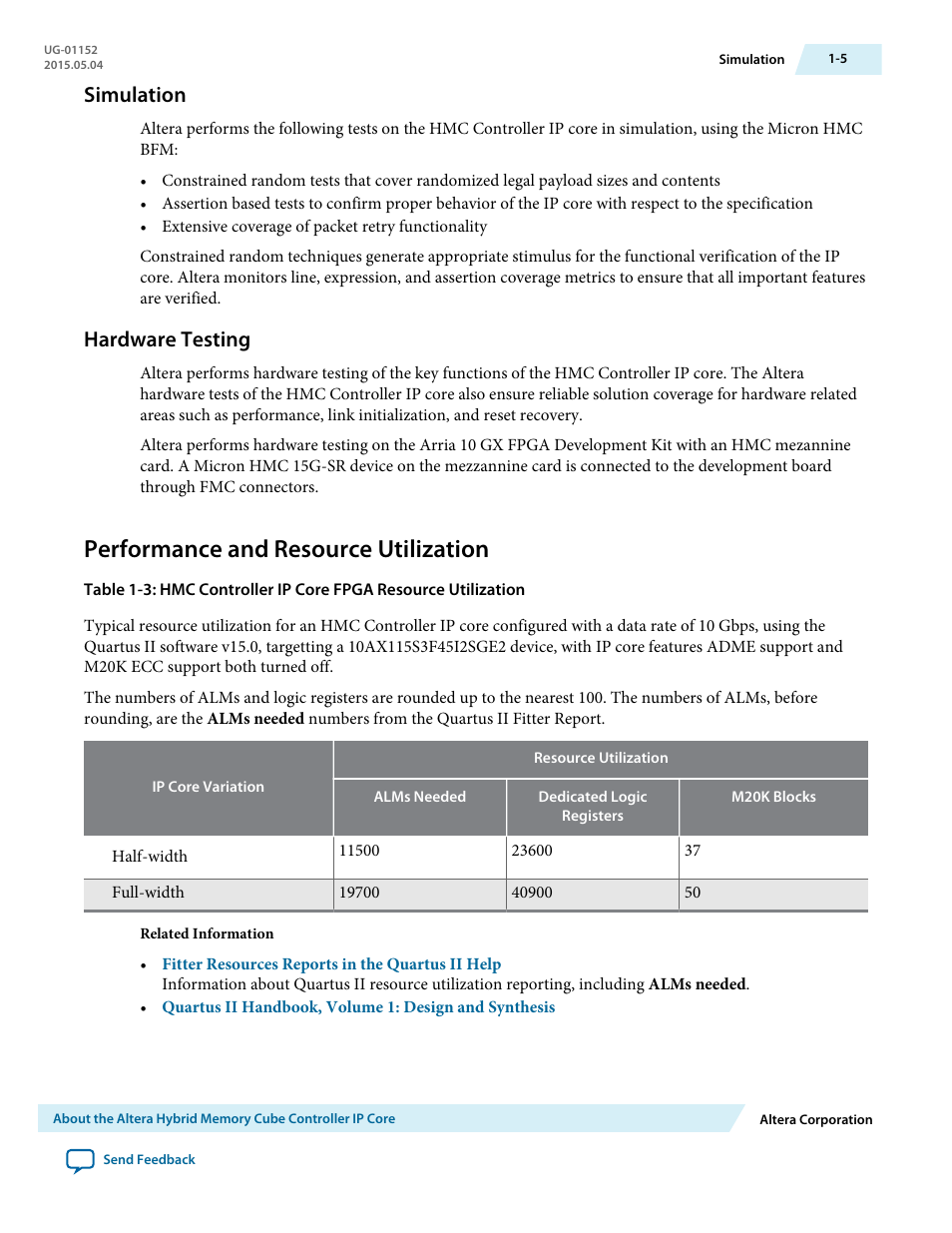 Simulation, Hardware testing, Performance and resource utilization | Simulation -5, Hardware testing -5, Performance and resource utilization -5 | Altera Hybrid Memory Cube Controller User Manual | Page 8 / 69