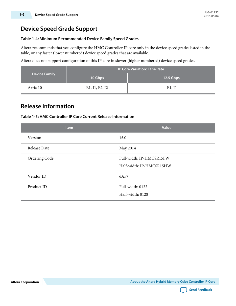 Device speed grade support, Release information, Device speed grade support -6 | Release information -6 | Altera Hybrid Memory Cube Controller User Manual | Page 9 / 69