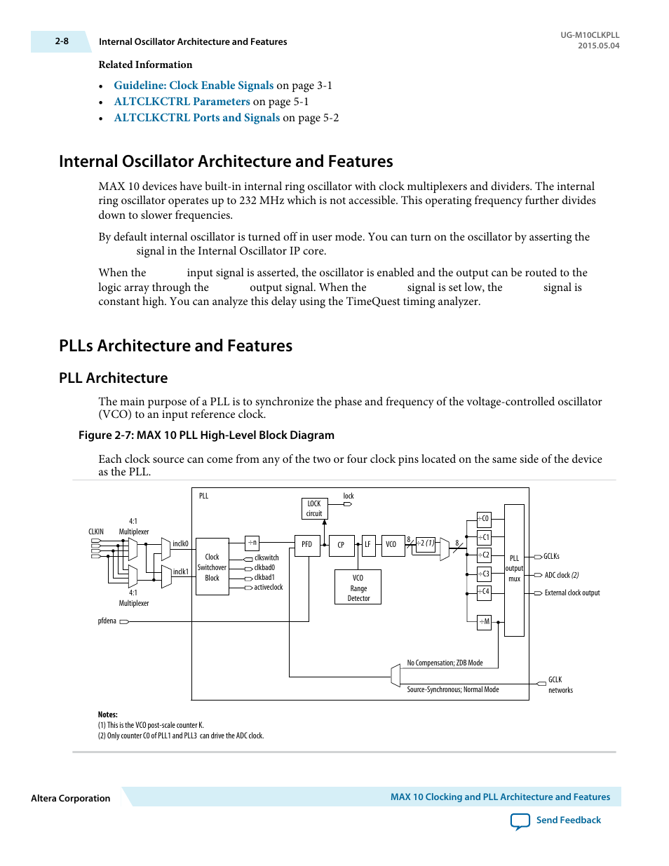 Internal oscillator architecture and features, Plls architecture and features, Pll architecture | Internal oscillator architecture and features -8, Plls architecture and features -8, Pll architecture -8 | Altera MAX 10 Clocking and PLL User Manual | Page 14 / 86