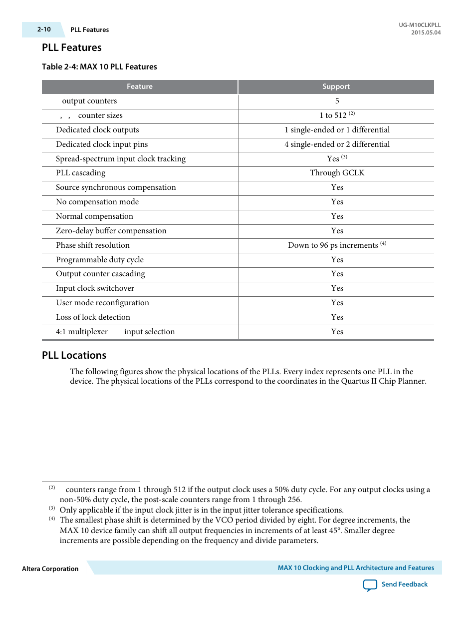 Pll features, Pll locations, Pll features -10 | Pll locations -10 | Altera MAX 10 Clocking and PLL User Manual | Page 16 / 86