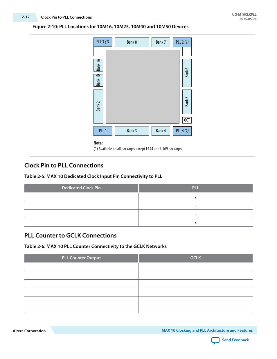 Clock pin to pll connections, Pll counter to gclk connections, Clock pin to pll connections -12 | Pll counter to gclk connections -12 | Altera MAX 10 Clocking and PLL User Manual | Page 18 / 86