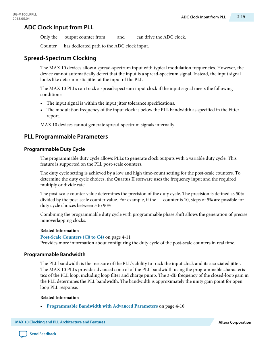 Adc clock input from pll, Spread-spectrum clocking, Pll programmable parameters | Programmable duty cycle, Programmable bandwidth, Adc clock input from pll -19, Spread-spectrum clocking -19, Pll programmable parameters -19 | Altera MAX 10 Clocking and PLL User Manual | Page 25 / 86