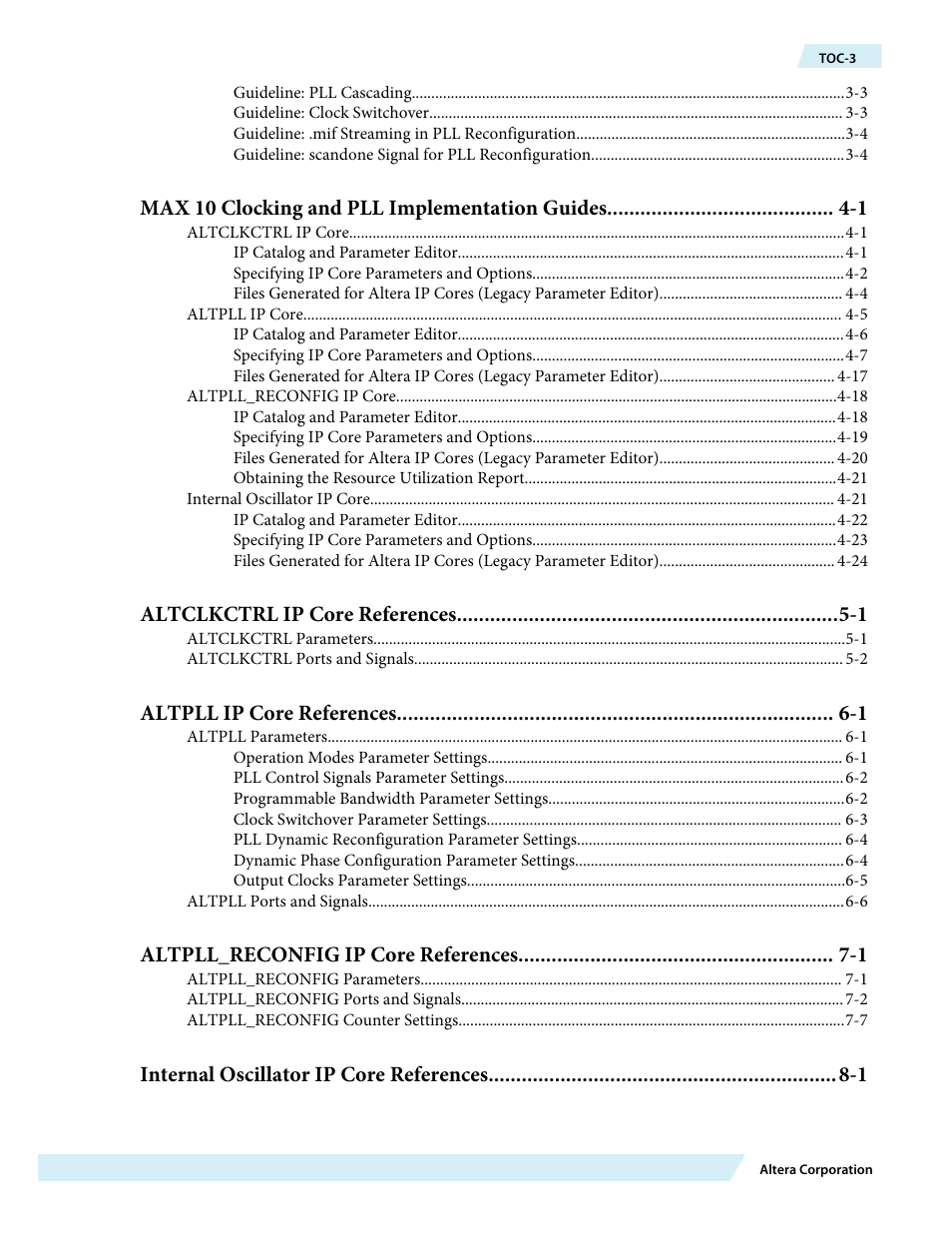 Max 10 clocking and pll implementation guides -1, Altclkctrl ip core references -1, Altpll ip core references -1 | Altpll_reconfig ip core references -1, Internal oscillator ip core references -1 | Altera MAX 10 Clocking and PLL User Manual | Page 3 / 86