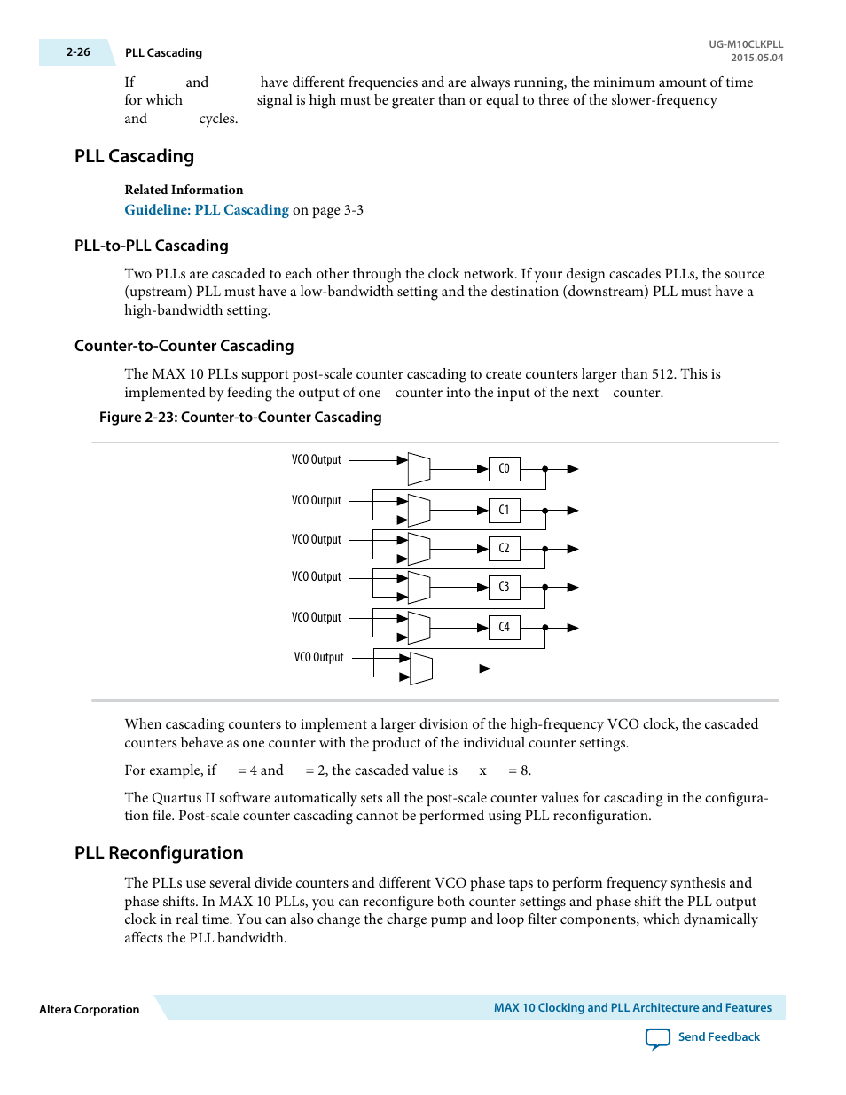 Pll cascading, Pll-to-pll cascading, Counter-to-counter cascading | Pll reconfiguration, Pll cascading -26, Pll reconfiguration -26 | Altera MAX 10 Clocking and PLL User Manual | Page 32 / 86