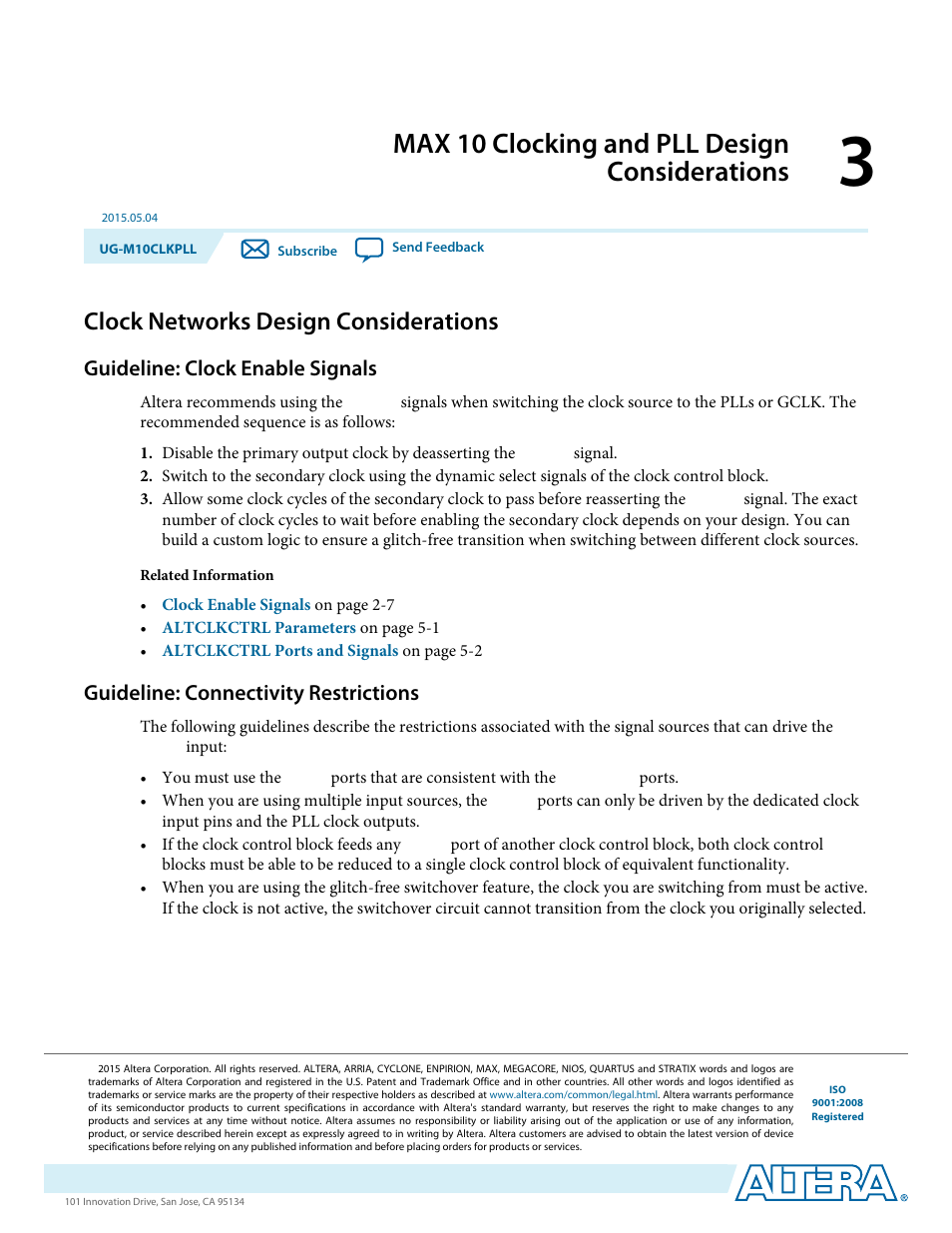 Max 10 clocking and pll design considerations, Clock networks design considerations, Guideline: clock enable signals | Guideline: connectivity restrictions, Max 10 clocking and pll design considerations -1, Clock networks design considerations -1, Guideline: clock enable signals -1, Guideline: connectivity restrictions -1 | Altera MAX 10 Clocking and PLL User Manual | Page 35 / 86