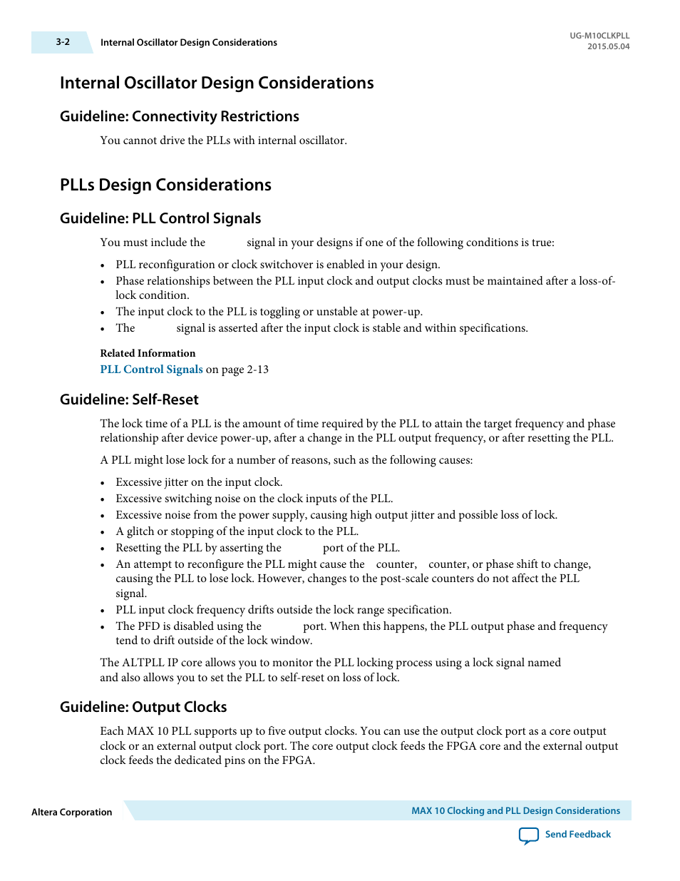 Internal oscillator design considerations, Guideline: connectivity restrictions, Plls design considerations | Guideline: pll control signals, Guideline: self-reset, Guideline: output clocks, Internal oscillator design considerations -2, Guideline: connectivity restrictions -2, Plls design considerations -2, Guideline: pll control signals -2 | Altera MAX 10 Clocking and PLL User Manual | Page 36 / 86