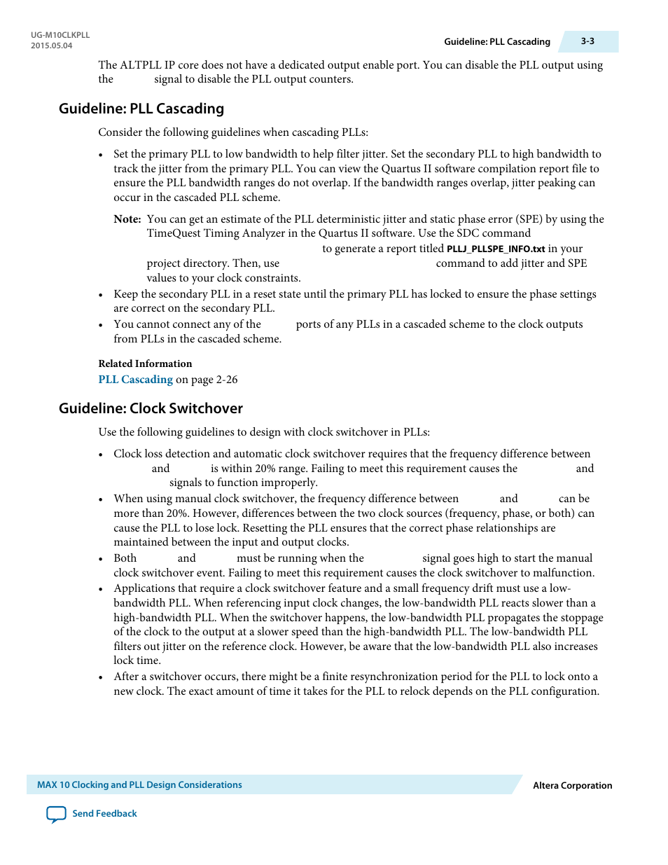 Guideline: pll cascading, Guideline: clock switchover, Guideline: pll cascading -3 | Guideline: clock switchover -3 | Altera MAX 10 Clocking and PLL User Manual | Page 37 / 86