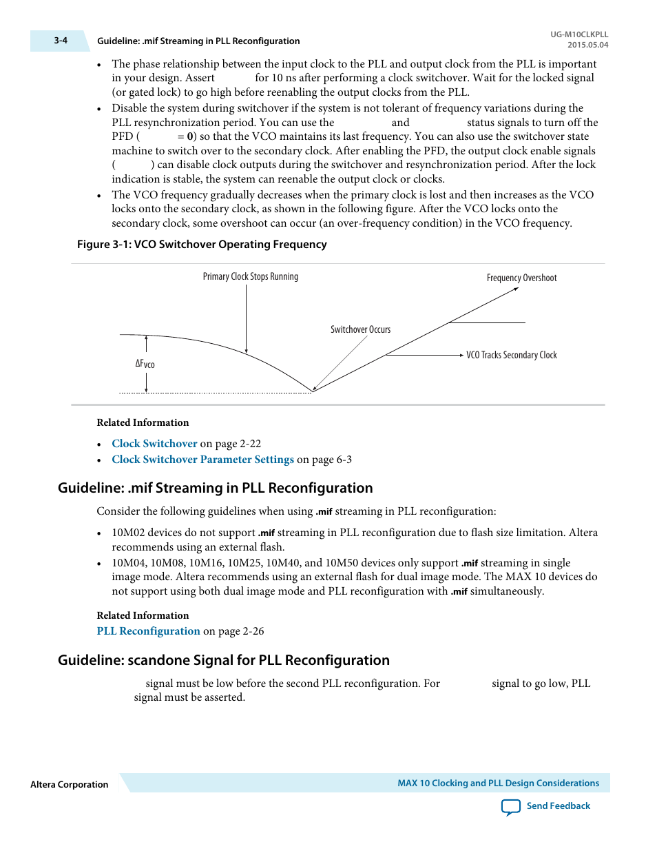 Guideline: .mif streaming in pll reconfiguration, Guideline: scandone signal for pll reconfiguration | Altera MAX 10 Clocking and PLL User Manual | Page 38 / 86