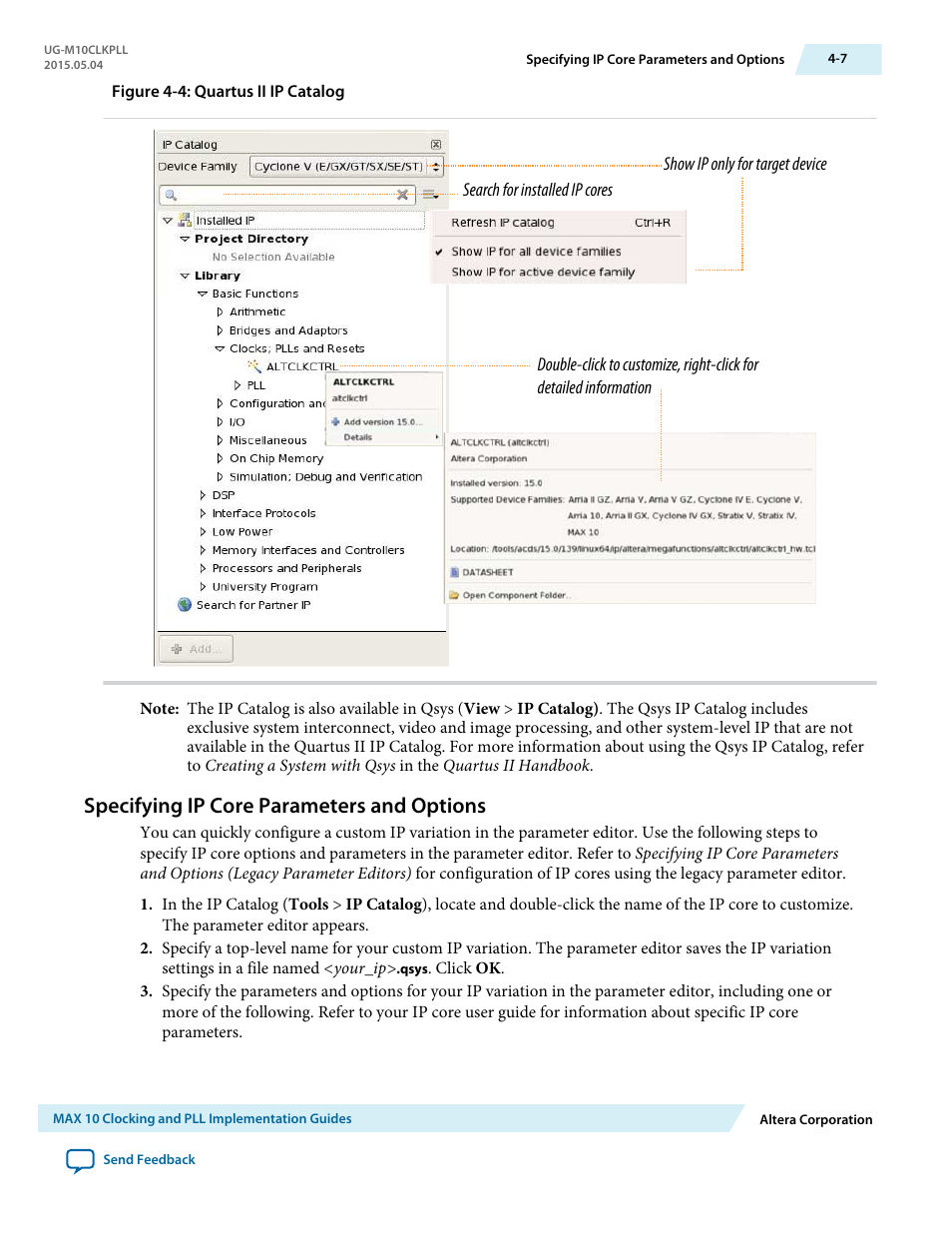 Specifying ip core parameters and options, Specifying ip core parameters and options -7 | Altera MAX 10 Clocking and PLL User Manual | Page 45 / 86