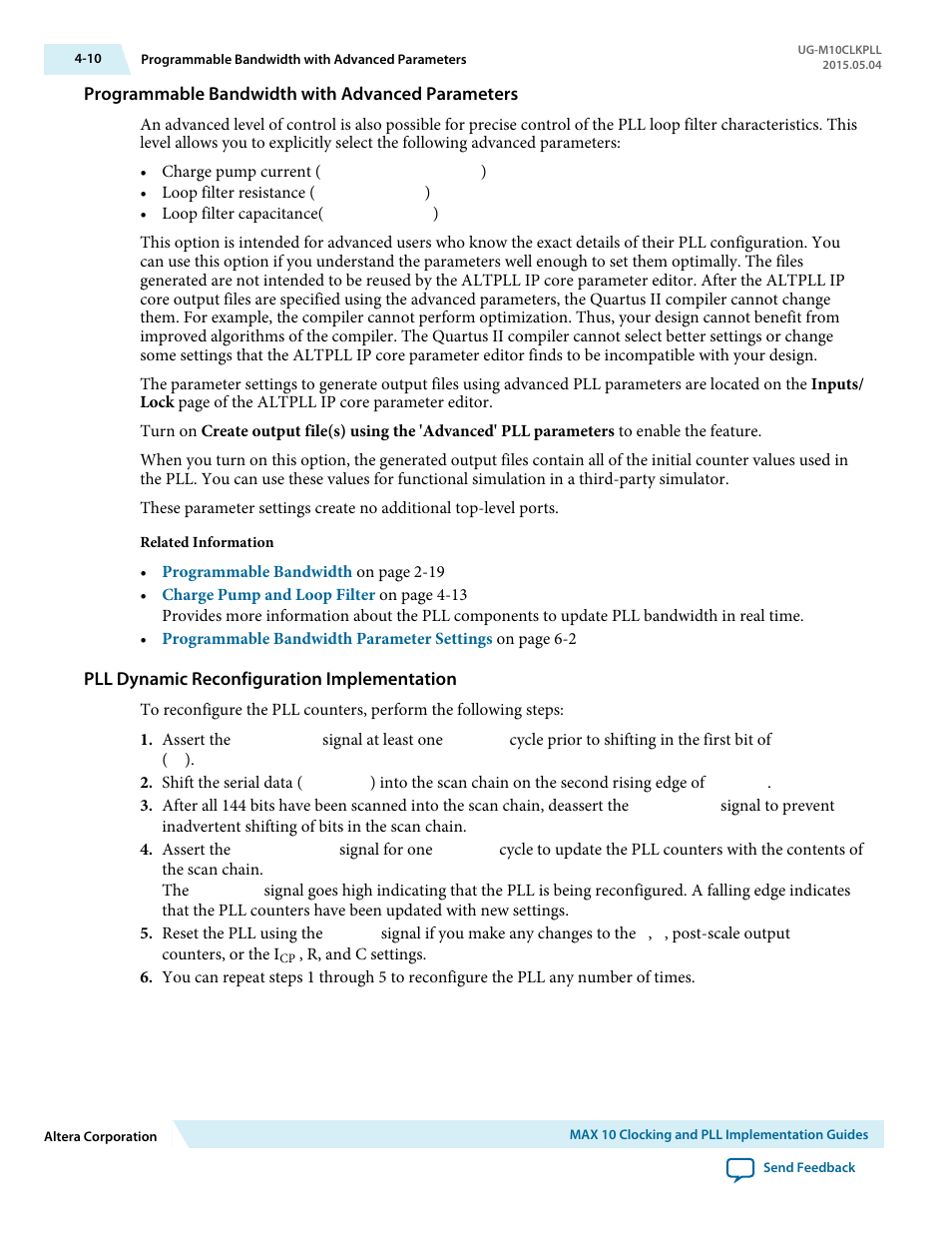 Programmable bandwidth with advanced parameters, Pll dynamic reconfiguration implementation | Altera MAX 10 Clocking and PLL User Manual | Page 48 / 86