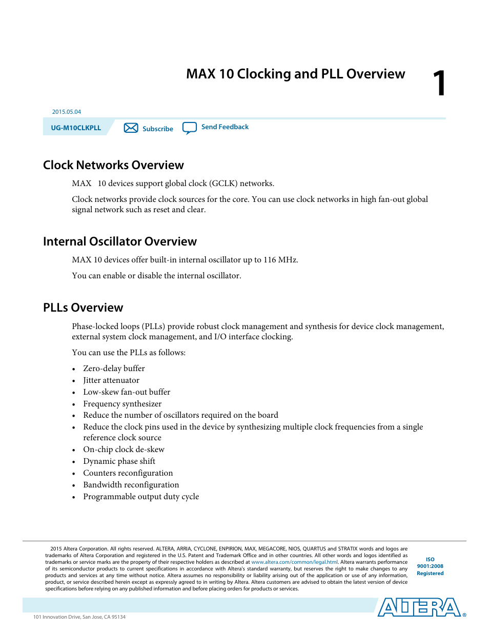 Max 10 clocking and pll overview, Clock networks overview, Internal oscillator overview | Plls overview, Max 10 clocking and pll overview -1, Clock networks overview -1, Internal oscillator overview -1, Plls overview -1 | Altera MAX 10 Clocking and PLL User Manual | Page 5 / 86