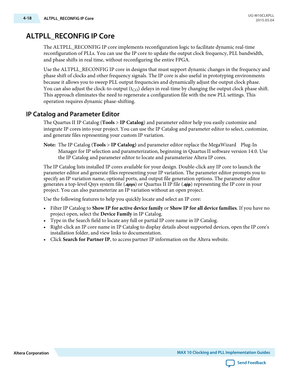 Altpll_reconfig ip core, Ip catalog and parameter editor, Altpll_reconfig ip core -18 | Ip catalog and parameter editor -18 | Altera MAX 10 Clocking and PLL User Manual | Page 56 / 86