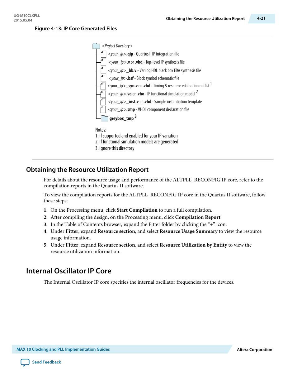 Obtaining the resource utilization report, Internal oscillator ip core, Obtaining the resource utilization report -21 | Internal oscillator ip core -21 | Altera MAX 10 Clocking and PLL User Manual | Page 59 / 86
