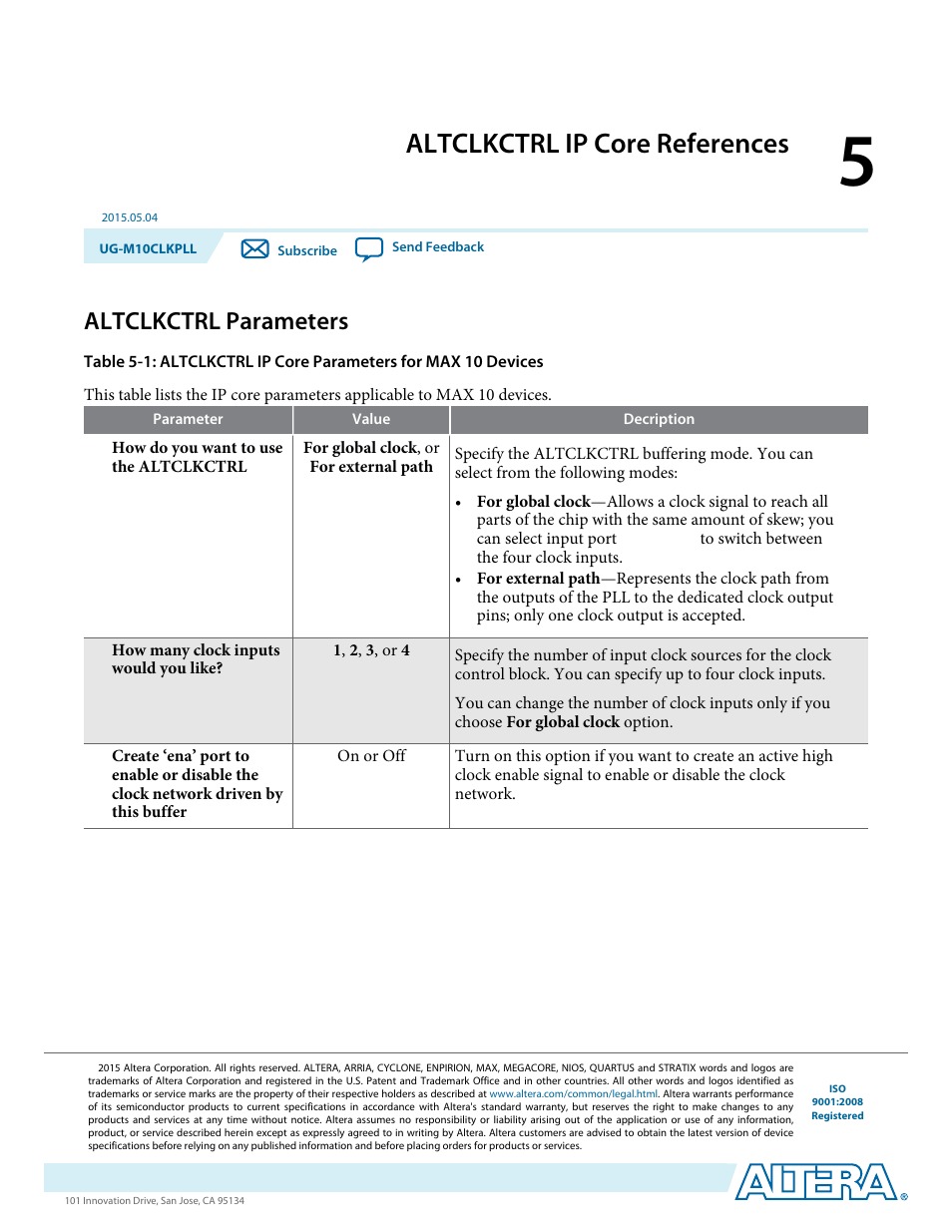 Altclkctrl ip core references, Altclkctrl parameters, Altclkctrl ip core references -1 | Altclkctrl parameters -1 | Altera MAX 10 Clocking and PLL User Manual | Page 64 / 86